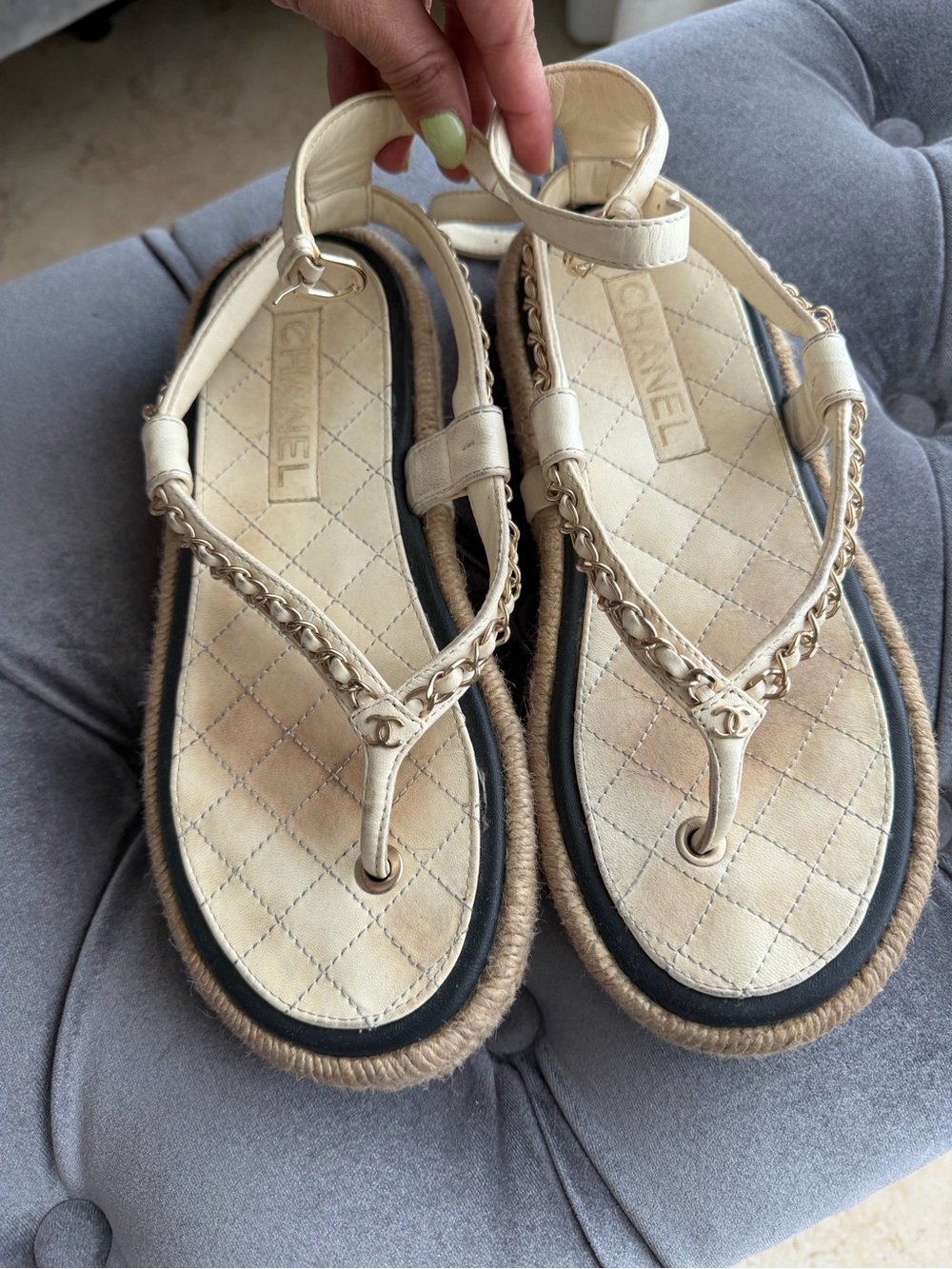 CHANEL Cream Quilted Leather Chain Thong Espadrille Sandals - Picture 3 of 5